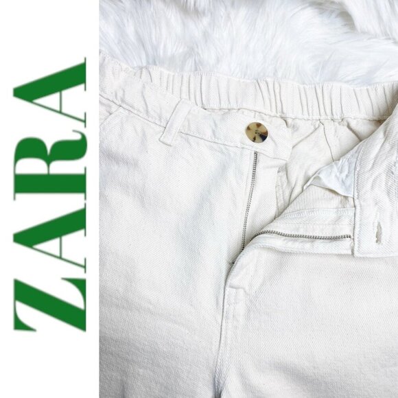 ZARA Ivory Cream 100% Cotton Wide Leg High Rise Drawstring Cuff Jeans, Size Smal - Picture 4 of 12